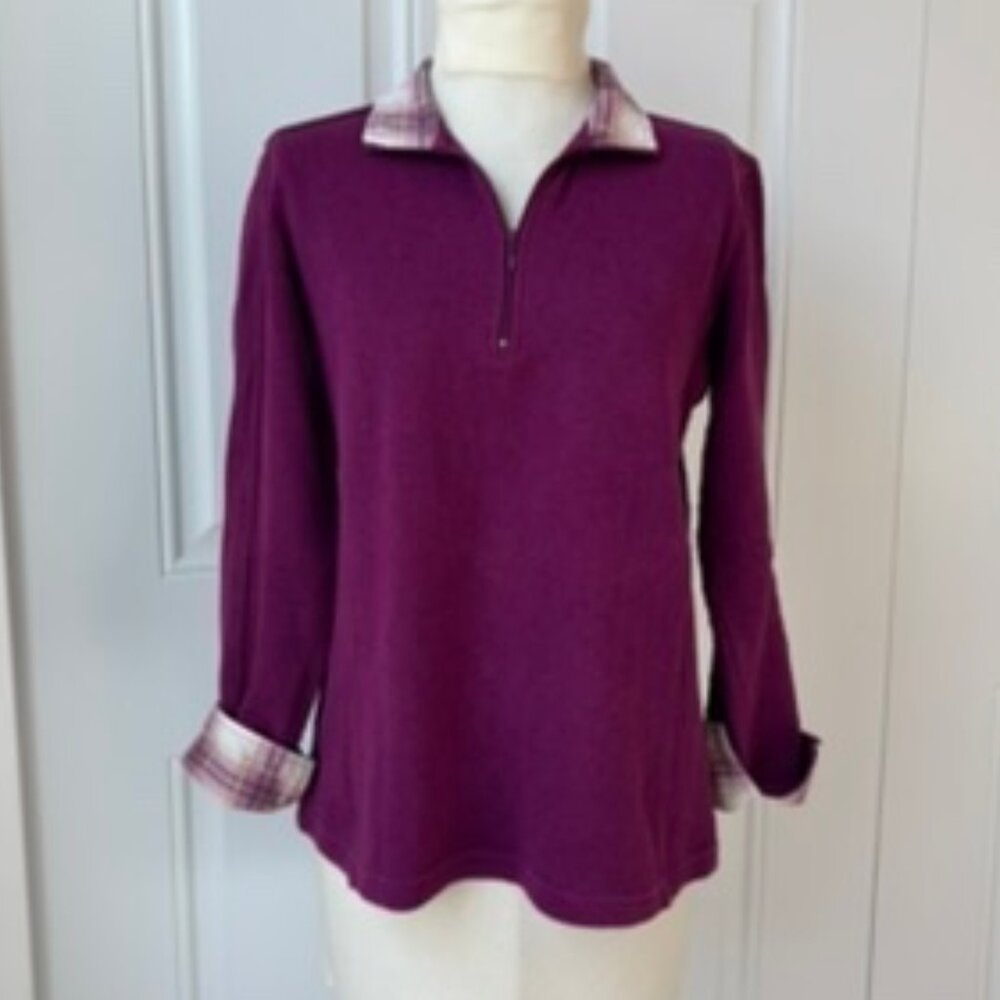 Orvis Women’s Flip Cuff Purple Plaid Quarter Zip Purple Sweater - S